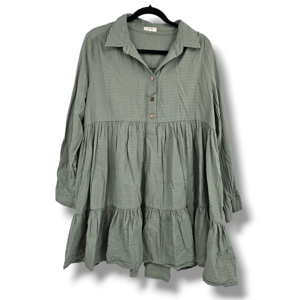 Easel Womens Sage Green Cotton Gauze Tiered Babydoll Mini Dress Large Pockets